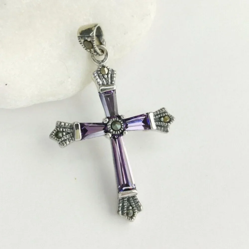 Amethyst Marcasite cross pendant necklace In Sterling Silver